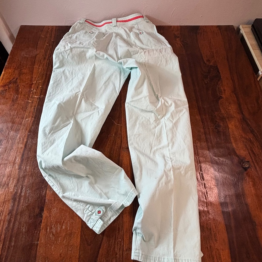 LL Bean Vintage Women Aqua Blue Chino Pants Coral Trim Button Hem Size 8 Reg - Picture 4 of 10